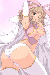 Rule 34 | 10s, 1girl, :p, ass, bad anatomy, blonde hair, bow, breasts, cleavage, curly hair, hair bow, haruka (senran kagura), highres, kihaiu, lab coat, large breasts, one eye closed, panties, senran kagura, senran kagura (series), solo, standing, thighhighs, tongue, tongue out, underboob, underwear, wedgie, wink