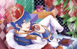 Rule 34 | 1boy, ;), blue eyes, blue hair, boots, cape, chocolate, crossed legs, crown, epaulettes, fur trim, gift, kaito (vocaloid), lips, looking at viewer, looking back, male focus, one eye closed, pants, plant, sitting, smile, solo, toro (tsunatan02), vocaloid, white pants