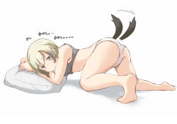 Rule 34 | 1girl, all fours, bad id, bad pixiv id, barefoot, blonde hair, dog tail, erica hartmann, green eyes, kopperi, md5 mismatch, panties, pillow, short hair, solo, sports bra, strike witches, tail, tail wagging, underwear, underwear only, world witches series