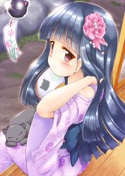Rule 34 | 1girl, animal, animal on lap, back bow, black cat, black hair, blue bow, blush, bow, cat, closed mouth, commentary request, day, flower, hair flower, hair ornament, hand fan, hand in own hair, hand up, highres, idolmaster, idolmaster cinderella girls, japanese clothes, kimono, long hair, looking at viewer, looking back, obi, on lap, paper fan, pink flower, purple kimono, red eyes, regular mow, sajo yukimi, sash, sitting, smile, solo, uchiwa, veranda, very long hair, wind chime