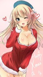 Rule 34 | 10s, 1girl, ;d, aqua eyes, atago (kancolle), blonde hair, blush, breasts, christmas, cleavage, cowboy shot, fur trim, hand on own face, hat, heart, jpeg artifacts, kantai collection, large breasts, legs together, long hair, looking at viewer, nironiro, one eye closed, open mouth, pink background, ribbed sweater, santa costume, smile, solo, sweater