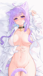 1girl animal_ear_fluff animal_ears antenna_hair bed_sheet blue_hair blush breast_pocket breasts cat_ears cat_girl collar collarbone collared_shirt colored_inner_hair groin highres hololive large_breasts long_sleeves looking_at_viewer lying multicolored_hair naked_shirt navel neck_ribbon nekomata_okayu nekomata_okayu_(oversized_shirt) official_alternate_costume on_back open_clothes open_shirt out-of-frame_censoring oversized_clothes oversized_shirt pocket purple_eyes purple_hair purple_ribbon ribbon shirt short_hair solo stomach stoonrivaa virtual_youtuber white_shirt