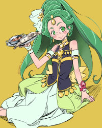 Rule 34 | 10s, 1girl, 2014, blush, brooch, choker, dated, dress, food, full body, glasses, green eyes, green hair, green haired cure (wonderful net precure) (happinesscharge precure!), hair ribbon, happinesscharge precure!, heart, heart brooch, highres, isedaichi ken, jewelry, long hair, matching hair/eyes, plate, ponytail, precure, ribbon, signature, smile, solo, yellow background