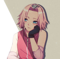Rule 34 | 1girl, black gloves, blue eyes, closed mouth, gloves, grey background, hair intakes, haruno sakura, highres, jacket, looking to the side, mochiii-s, naruto (series), naruto shippuuden, pink hair, red jacket, short hair, sleeveless, sleeveless jacket, solo, two-tone background, upper body, white background