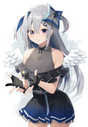 Rule 34 | 1girl, amane kanata, amane kanata (work), angel wings, bare shoulders, belt, black gloves, black skirt, colored inner hair, cowboy shot, eyes visible through hair, gloves, grey hair, grey shirt, hair ornament, hairclip, highres, hololive, jewelry, long hair, looking at viewer, mini wings, miniskirt, multicolored hair, necklace, partially fingerless gloves, pleated skirt, purple eyes, ribbed shirt, shirt, skirt, sleeveless, sleeveless shirt, smile, solo, star (symbol), star hair ornament, two-tone hair, two side up, virtual youtuber, wings, yon (letter)