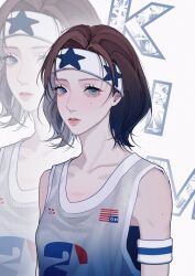 Rule 34 | 1girl, absurdres, aespa, armband, basketball jersey, black camisole, blue eyes, blush, brown hair, camisole, chinese commentary, collarbone, grey tank top, headband, highres, k-pop, looking at viewer, mole, mole under eye, parted lips, real life, short hair, sogcho17, solo, tank top, white headband, winter (aespa), zoom layer