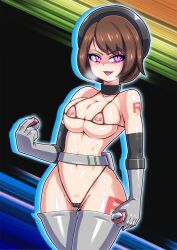 Rule 34 | 1girl, adapted costume, alternate costume, bikini, breast press, breasts, brown hair, corruption, covered erect nipples, creatures (company), curvy, female pervert, game freak, gloria (pokemon), gloves, glowing, glowing eyes, hat, heavy breathing, highleg, highleg bikini, highres, holding, holding poke ball, hypnosis, large breasts, legs together, lips, mind control, nintendo, nipple piercing, nipples, no0o0n0o0on, partially visible vulva, pervert, piercing, pink eyes, poke ball, pokemon, pokemon swsh, revealing clothes, shiny clothes, shiny skin, short hair, shoulder tattoo, skin tight, smile, solo, swimsuit, tattoo, team rocket, team rocket uniform, thick thighs, thighhighs, thighs, thong, wide hips