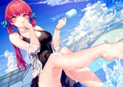 Rule 34 | 1girl, akasaai, bare shoulders, black one-piece swimsuit, blush, breasts, cleavage, collarbone, hair ribbon, heterochromia, highres, hololive, houshou marine, large breasts, long hair, looking at viewer, one-piece swimsuit, red eyes, red hair, ribbon, smile, solo, swimsuit, twintails, virtual youtuber, yellow eyes