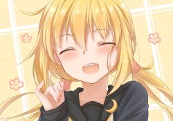Rule 34 | 1girl, :d, asakawa shinka, bad id, bad twitter id, black serafuku, blonde hair, blue jacket, blush, closed eyes, collarbone, commentary, crescent, crescent pin, flower, hair between eyes, hair tie, jacket, kantai collection, long hair, long sleeves, low twintails, neckerchief, open mouth, pinky out, round teeth, satsuki (kancolle), satsuki kai ni (kancolle), school uniform, serafuku, smile, solo, teeth, twintails, upper body