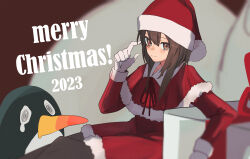 Rule 34 | 1girl, 2023, @ @, black pantyhose, box, brown eyes, brown hair, capelet, christmas, closed mouth, dress, failure penguin, fur trim, gift, gift box, gloves, hair between eyes, hat, hato kan, highres, kantai collection, looking at viewer, merry christmas, pantyhose, red dress, santa costume, santa hat, simple background, sitting, taihou (kancolle), white gloves