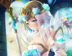 Rule 34 | 1girl, aqua hair, blonde hair, blue eyes, bouquet, breasts, bridal veil, clear glass (mildmild1311), cleavage, collarbone, detached sleeves, dress, earrings, fire emblem, fire emblem heroes, fjorm (fire emblem), flower, gold trim, holding, holding bouquet, holding staff, jewelry, medium breasts, multicolored hair, nintendo, official alternate costume, pegasus, solo, staff, tiara, veil, wedding dress