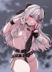Rule 34 | 1girl, absurdres, ahoge, bandaged wrist, bandages, belt, black collar, blush, bow, breasts, chain, collar, convenient censoring, dot nose, fingerless gloves, fox shadow puppet, gloves, grey eyes, grey hair, hair bow, hair ornament, hairclip, heterochromia, highres, ishigami nozomi, ishigami nozomi (1st costume), jewelry, lace-trimmed bow, lace trim, large breasts, long hair, looking at viewer, multicolored hair, necktie, nijisanji, nude, pendant, pink eyes, pink hair, red nails, simple background, single glove, smug, solo, spiked collar, spikes, toko1ko, v, virtual youtuber