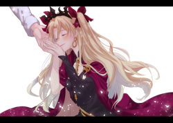 Rule 34 | 1girl, black dress, blonde hair, blurry, bow, cloak, closed eyes, depth of field, dress, earrings, ereshkigal (fate), fate/grand order, fate (series), hair bow, jewelry, letterboxed, long hair, out of frame, parted bangs, parted lips, purple bow, skull, smile, solo focus, spine, tohsaka rin, two side up, wavy hair, yat573