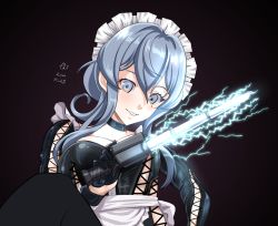 Rule 34 | 1girl, alternate costume, black gloves, blue eyes, blue hair, commentary request, dated, dominatrix, energy sword, enmaided, gloves, gotland (kancolle), kantai collection, long hair, looking at viewer, maid, maid headdress, mole, mole under eye, signature, solo, sword, tk8d32, upper body, weapon