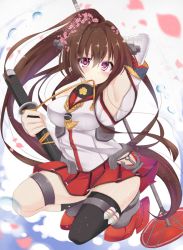 Rule 34 | 1girl, armpits, ashino, black thighhighs, blush, breasts, brown hair, cherry blossoms, commentary request, gorget, hair intakes, high ponytail, hip vent, kantai collection, kikumon, long hair, looking at viewer, mouth hold, purple eyes, single thighhigh, solo, thighhighs, very long hair, yamato (kancolle)
