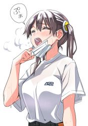 Rule 34 | 1girl, ^ ^, blush, breasts, brown hair, closed eyes, coronavirus pandemic, face mask, hair behind ear, heavy breathing, highres, mask, mask pull, medium breasts, mouth mask, original, see-through, shirt, shirt tucked in, solo, speech bubble, suzutsuki kurara, sweat, t-shirt, translation request, twintails, upper body, white background, white shirt