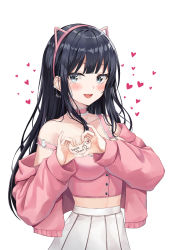 Rule 34 | 1girl, :d, animal ears, bare shoulders, black hair, blue eyes, blush, breasts, buttons, caba (caba091), choker, collarbone, crop top, earrings, fake animal ears, frilled choker, frilled shirt, frills, glint, hairband, heart, heart hands, high-waist skirt, highres, jacket, jewelry, long hair, long sleeves, looking at viewer, medium breasts, midriff, milestone celebration, mole, mole under eye, off shoulder, open clothes, open jacket, open mouth, original, pink choker, pink jacket, pink shirt, pink theme, pleated skirt, shirt, simple background, skirt, sleeveless, sleeveless shirt, smile, solo, stomach, strap slip, thank you, upper body, white background, white skirt