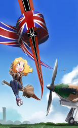 Rule 34 | 2girls, aircraft, airplane, breasts, broom, broom riding, cross, flag, flying, hawker hurricane, highres, inui (jt1116), iron cross, large breasts, medal, military, multiple girls, original, parody, shoes, sidesaddle, sneakers, swastika, union jack, witch, world war ii