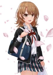 Rule 34 | 1girl, :d, absurdres, bag, black jacket, blazer, brown eyes, brown hair, cherry blossoms, collared shirt, commentary request, cowboy shot, highres, holding, holding bag, isshiki iroha, jacket, long sleeves, medium hair, neck ribbon, open clothes, open jacket, open mouth, plaid, plaid skirt, plastic bag, pleated skirt, red ribbon, ribbon, school bag, school uniform, shirt, simple background, skirt, smile, sobu high school uniform, solo, standing, teeth, upper teeth only, user yja4775, white background, white shirt, yahari ore no seishun lovecome wa machigatteiru.