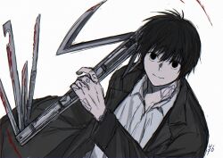Rule 34 | 1boy, arm tattoo, black hair, black suit, blood, blood on clothes, bloody weapon, collared shirt, elaborate weapon, finger tattoo, formal, hand tattoo, highres, holding, holding sword, holding weapon, male focus, nagumo (sakamoto days), number tattoo, rokuen skd, sakamoto days, shirt, suit, swiss army knife, sword, tattoo, weapon, white shirt