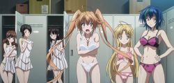 Rule 34 | 10s, 6+girls, asia argento, blonde hair, bra, breasts, brown hair, cleavage, embarrassed, green eyes, hands on own hips, high school dxd, highres, large breasts, long hair, medium breasts, multiple girls, navel, panties, screencap, shidou irina, smile, standing, stitched, surprised, third-party edit, twintails, underwear, undressing, xenovia quarta, yellow eyes