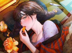 Rule 34 | 1girl, blush, braid, breasts, brown hair, cleavage, cold pack, commentary request, digital thermometer, eating, fever, food, food-themed hair ornament, freckles, fruit, green eyes, hair ornament, hanten (clothes), heart, heart print, heater, ice pack, kotatsu, lips, looking at viewer, lying, mandarin orange, medium breasts, mole, mole under eye, nail polish, on floor, on side, orange (fruit), orange hair ornament, orange nails, orange peel, orange slice, original, plaid, sick, signature, solo, table, tajima yukie, tatami, thermometer, twin braids, twintails, upper body, yellow eyes