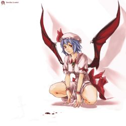 Rule 34 | 1girl, barefoot, bat wings, blood, blue hair, circle a, demon wings, female focus, lips, non-web source, red eyes, remilia scarlet, ribbon, solo, squatting, touhou, wings, wrist cuffs