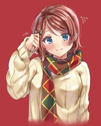 Rule 34 | 1girl, bad id, bad twitter id, blue eyes, blush, bow, brown hair, commentary request, flying sweatdrops, hair bow, tucking hair, long sleeves, looking at viewer, love live!, love live! sunshine!!, minori 748, red background, scarf, short hair, simple background, smile, solo, sweater, upper body, watanabe you