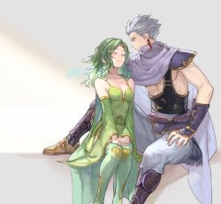 Rule 34 | 1boy, 1girl, arm guards, breasts, cape, cleavage, cloak, detached sleeves, earrings, edward geraldine, closed eyes, final fantasy, final fantasy iv, green hair, grey hair, jewelry, looking at another, rydia (ff4), sasanomesi, sitting, smile, square enix