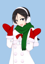 Rule 34 | 1girl, absurdres, alternate costume, black eyes, black hair, blue background, bow, brave witches, capelet, cowboy shot, earmuffs, freckles, green scarf, highres, isosceles triangle (xyzxyzxyz), long hair, looking at viewer, misumi miya, mittens, red bow, red mittens, scarf, sidelocks, smile, solo, strike witches, white capelet, winter clothes, world witches series