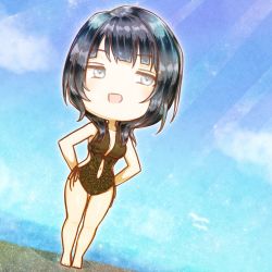 Rule 34 | 1girl, :o, artist name, artist request, asaka karin, bare legs, barefoot, black one-piece swimsuit, blue eyes, blue hair, blue sky, blush, breasts, chibi, cleavage, cloud, collarbone, dark blue hair, day, enokube (hikapika4), feet, female focus, full body, hair over shoulder, half-closed eyes, highres, looking at viewer, love live!, love live! nijigasaki high school idol club, mole, mole on body, mole on breast, one-piece swimsuit, outdoors, parted lips, short hair, sky, small breasts, smile, solo, standing, swimsuit, wlgtmnylxn06g3v