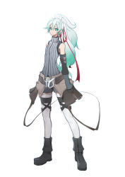 Rule 34 | 1girl, absurdres, aqua eyes, aqua hair, bad id, bad pixiv id, bare shoulders, belt, boots, detached sleeves, female focus, frown, full body, gloves, gradient hair, hair between eyes, hair ribbon, highres, long hair, multicolored hair, original, ponytail, ribbon, shorts, simple background, sleeveless, sleeveless turtleneck, snowdrop, solo, standing, thighhighs, turtleneck, vane (vane0), white background, white hair, white thighhighs, zettai ryouiki