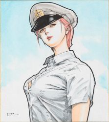 Rule 34 | 1girl, blue background, breasts, brown eyes, collared shirt, grey hat, gundam, hair behind ear, hat, head tilt, highres, looking up, matilda ajan, medium breasts, military hat, mobile suit gundam, parted lips, pink hair, shikishi, shirt, short hair, signature, solo, toweling3, traditional media, upper body, white shirt