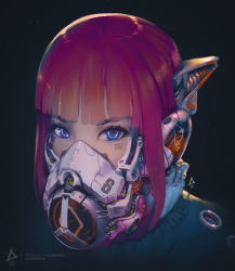 Rule 34 | 1girl, aurahack, black background, blue eyes, blunt bangs, commentary, cyberpunk, english commentary, facial mark, gas mask, highres, looking at viewer, mask, mouth mask, original, patreon username, pink hair, portrait, science fiction, sidelocks, simple background, solo, watermark, web address