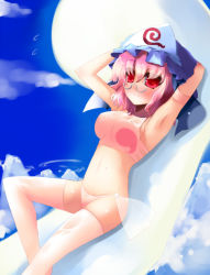 Rule 34 | 1girl, armpits, bespectacled, bikini, breasts, female focus, glasses, gradient background, hat, outdoors, pink hair, red eyes, saigyouji yuyuko, shin (new), short hair, sky, solo, swimsuit, touhou