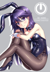 Rule 34 | 1girl, animal ears, black bow, black bowtie, black footwear, black leotard, black pantyhose, bow, bowtie, character name, commentary request, copyright name, detached collar, fake animal ears, grey background, high heels, kuroki rei, leotard, looking at viewer, nonbe, pantyhose, playboy bunny, power symbol, purple eyes, purple hair, rabbit ears, rabbit tail, sitting, smile, solo, strapless, strapless leotard, tail, vividred operation, wrist cuffs