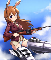 Rule 34 | 1girl, a9b (louis814), animal ears, blue eyes, blush, charlotte e. yeager, flying, gun, highres, long hair, looking at viewer, orange hair, panties, rabbit ears, rabbit girl, rifle, smile, solo, strike witches, striker unit, trigger discipline, underwear, weapon, white panties, world witches series