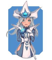 Rule 34 | 1girl, aqua eyes, blue background, border, cowboy shot, duel monster, gloves, grey hair, hair between eyes, hat, hip vent, holding, long hair, parted lips, shadow, silent magician, smile, solo, staff, tamagokake candy, white border, white gloves, wizard hat, yu-gi-oh!, yu-gi-oh! duel monsters