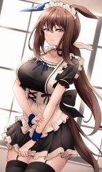 Rule 34 | 1girl, admire vega (umamusume), animal ears, apron, black dress, black thighhighs, blue ribbon, blush, breasts, brown hair, closed mouth, commentary request, dress, frilled apron, frills, garter straps, horse ears, horse girl, horse tail, indoors, large breasts, long hair, looking at viewer, maid, maid apron, puffy short sleeves, puffy sleeves, purple eyes, red hayao, ribbon, short sleeves, solo, tail, thighhighs, umamusume, wrist cuffs