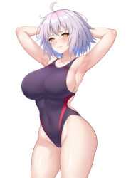 Rule 34 | 1girl, ahoge, armpits, arms behind head, black one-piece swimsuit, blush, breasts, closed mouth, commentary request, competition swimsuit, covered navel, fate/grand order, fate (series), grey hair, highres, jeanne d&#039;arc alter (avenger) (fate), jeanne d&#039;arc alter (fate), large breasts, looking at viewer, one-piece swimsuit, short hair, simple background, solo, standing, swimsuit, thighs, white background, yellow eyes, yuunagi (0217)