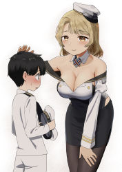 Rule 34 | 1boy, 1girl, admiral (kancolle), age difference, bare shoulders, black pantyhose, black skirt, blonde hair, blush, breasts, brown eyes, cleavage, hat, headpat, highres, holding, holding clothes, holding hat, houston (kancolle), ibuki (abuki), kantai collection, large breasts, little boy admiral (kancolle), long sleeves, medium hair, open mouth, pantyhose, peaked cap, simple background, skirt, smile, sweat, unworn hat, unworn headwear, white background, white headwear