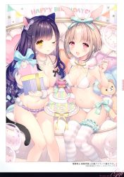 Rule 34 | 2girls, :d, ;), absurdres, animal ears, balloon, bare arms, bare shoulders, bikini, birthday cake, black bow, black hair, bow, box, breasts, brown hair, cake, cat ears, cat girl, cat tail, cleavage, closed mouth, collarbone, feet out of frame, food, frilled bikini, frills, gift, gift box, gluteal fold, groin, happy birthday, heart, highres, holding, holding gift, holding spoon, jewelry, long hair, medium breasts, multiple girls, navel, necklace, one eye closed, open mouth, orange eyes, original, pearl necklace, pennant, pink eyes, purple bikini, rabbit ears, rabbit girl, rabbit tail, scan, sitting, smile, spoon, star (symbol), string of flags, striped clothes, striped legwear, striped thighhighs, stuffed animal, stuffed toy, swimsuit, tail, teddy bear, thigh gap, thighhighs, transparent, vertical stripes, very long hair, wasabi (sekai), white bikini