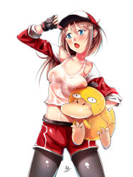 Rule 34 | 10s, 1girl, :o, adjusting clothes, adjusting headwear, baseball cap, belt, black pantyhose, blue eyes, blush, breast press, breast rest, breasts, breasts on head, carrying, carrying under arm, colored eyelashes, creatures (company), crop top, female protagonist (pokemon go), fingerless gloves, game freak, gen 1 pokemon, gloves, hat, jacket, leggings, long hair, medium breasts, midriff, nakatokung, navel, nintendo, nipples, no bra, off shoulder, pantyhose, pantyhose under shorts, pokemon, pokemon (creature), pokemon go, ponytail, psyduck, red jacket, red shorts, shade, shorts, signature, simple background, sleeves rolled up, stomach, sweat, tank top, wet, wet clothes, white background