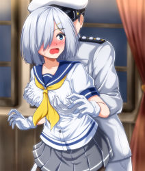 Rule 34 | 1boy, 1girl, admiral (kancolle), black pantyhose, blue eyes, blush, grabbing another&#039;s breast, breasts, curtains, embarrassed, epaulettes, gloves, grabbing, grabbing from behind, hair ornament, hair over one eye, hairclip, hamakaze (kancolle), hat, highres, kantai collection, large breasts, military, military hat, military uniform, naval uniform, neckerchief, night, open mouth, pantyhose, peaked cap, pleated skirt, school uniform, serafuku, short hair, short sleeves, skirt, uniform, white gloves, white hair, window, yellow neckerchief, zanntetu