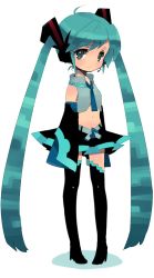 Rule 34 | 1girl, aqua eyes, aqua hair, belt, blush, boots, child, detached sleeves, flat chest, hatsune miku, headset, highres, ichihaya, long hair, navel, necktie, skirt, smile, solo, striped, thigh boots, thighhighs, twintails, very long hair, vocaloid