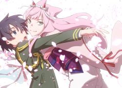 Rule 34 | 10s, 1boy, 1girl, agemaki kei, agemaki kei (cosplay), black hair, blue eyes, commentary request, cosplay, couple, crossover, darling in the franxx, gold trim, green eyes, hair ornament, hetero, highres, hiro (darling in the franxx), holding hands, horns, japanese clothes, kimono, leje39, long hair, long sleeves, looking at another, looking at viewer, military, military uniform, obi, oni horns, open mouth, otome youkai zakuro, petals, pink hair, pink kimono, red horns, sash, short hair, sweatdrop, teeth, uniform, zakuro (otome youkai zakuro), zakuro (otome youkai zakuro) (cosplay), zero two (darling in the franxx)