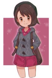Rule 34 | 1girl, bag, brown eyes, brown hair, closed mouth, creatures (company), game freak, gloria (pokemon), green hat, hat, looking at viewer, nintendo, nyonn24, outside border, pokemon, pokemon swsh, short hair, simple background, smile, solo, white background