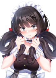 Rule 34 | 1girl, azur lane, black dress, black hair, blush, breasts, choker, cleavage, closed mouth, collarbone, commentary request, dress, glasgow (azur lane), grey eyes, hair between eyes, hair ribbon, head tilt, highres, ken ill, large breasts, long hair, looking at viewer, maid, maid headdress, puffy short sleeves, puffy sleeves, red ribbon, ribbon, short sleeves, simple background, solo, twintails, upper body, white background, wrist cuffs