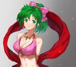 Rule 34 | 1girl, breasts, cleavage, closed mouth, earrings, fire emblem, fire emblem: genealogy of the holy war, gradient background, green eyes, green hair, highres, jewelry, jurge, lene (fire emblem), long hair, necklace, nintendo, ponytail, simple background, solo, upper body
