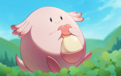 Rule 34 | blurry, chansey, closed mouth, commentary request, creatures (company), day, egg, game freak, gen 1 pokemon, happy, holding, naoki eguchi, nintendo, no humans, outdoors, pokemon, pokemon (creature), sitting, sky, smile, solo